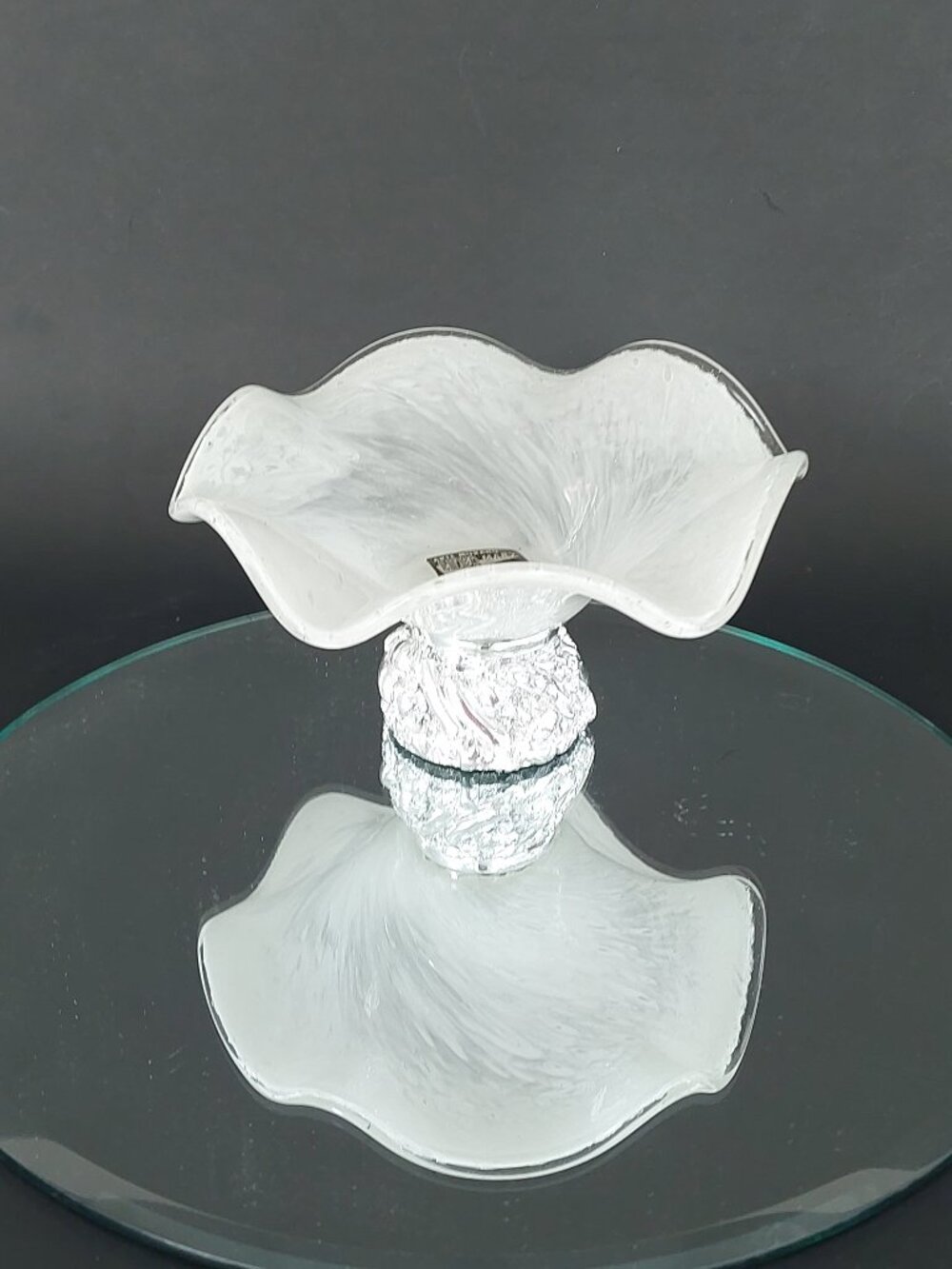 Murano Art Glass Ruffled Trinket Bowl Pedestal Dish with Sticker 6"